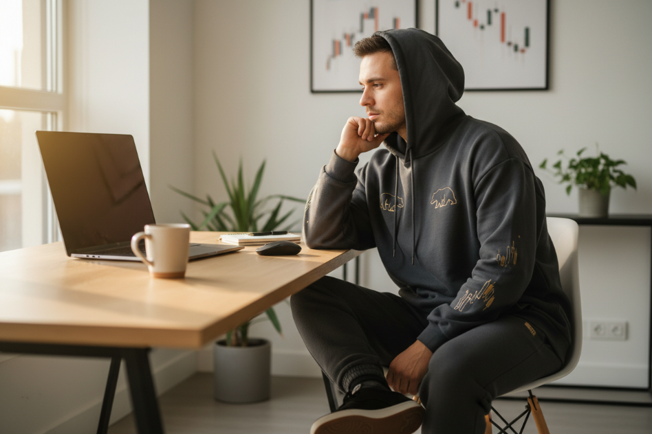 Mensch der mit cooler lockere aktienkleidung nachdenklich am schreibtisch sitzt 